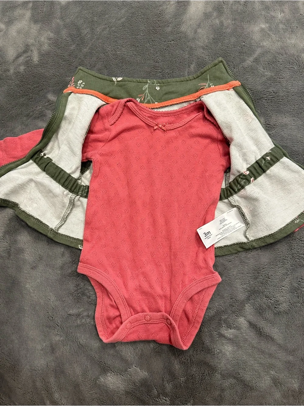 Carter's Olive Green Floral Zip Peplum Bodysuit with Coral Sleeves